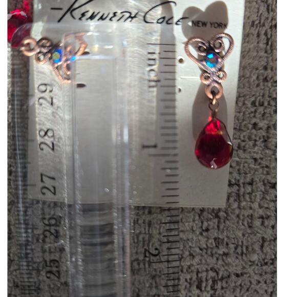 Pierced Red Crystal Dangle Teardrop Earrings Kenneth Cole - Picture 2 of 4